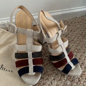 White/multi colored suede platform heels